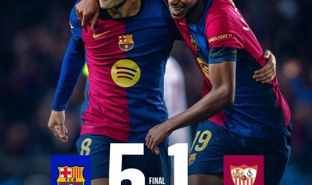 【西甲】巴萨5比1塞维利亚，莱万梅开二度，加维复出